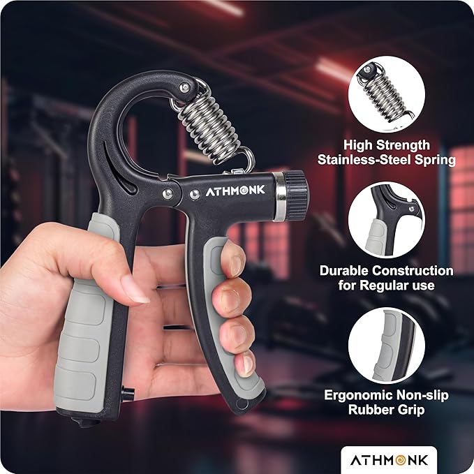 Athmonk Hand Grip Strengthener Gripper With Rep Counter Fingers Exercise Workout - Physiotherapy Paralysis Recovery - Gym Forearm Wrist Arm Wrestling Trainer - Steel Spring - 60 kg Adjustable